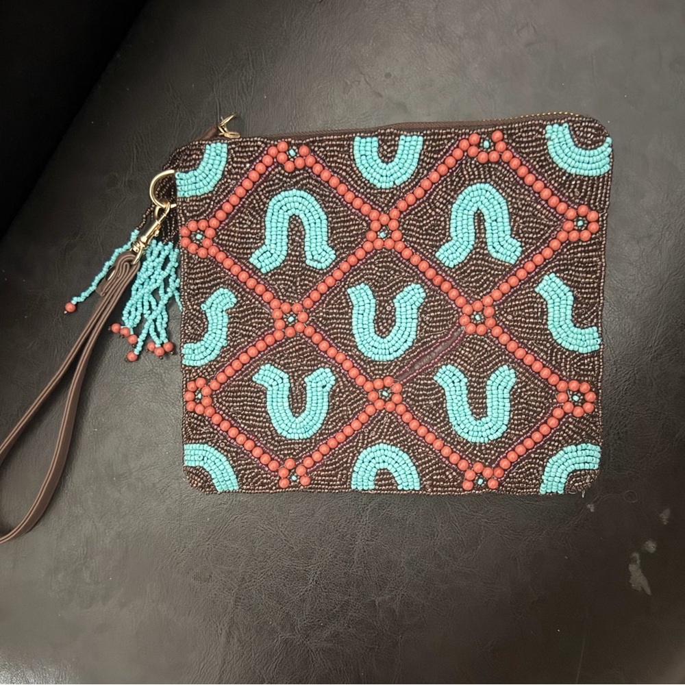 Sincerly Jules Brown Clutch with Turquoise & Coral Beadwork